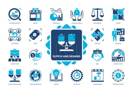 Illustration for Supply and Demand icon set. Market, Customers, Price, Financial Assets, Economics, Competition, Trade, Goods. Duotone color solid icons - Royalty Free Image