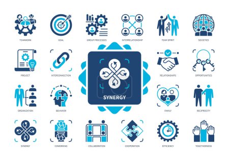 Illustration for Synergy icon set. Opportunities, Project, Coworking, Interconnection, Cooperation, Collaboration, Efficiency, Team. Duotone color solid icons - Royalty Free Image