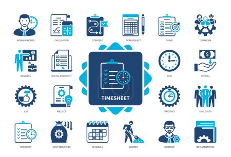 Illustration for Timesheet icon set. Employees, Spreadsheet, Tasks, Working Hours, Documentation, Payroll, Calculation, Cost Reduction. Duotone color solid icons - Royalty Free Image
