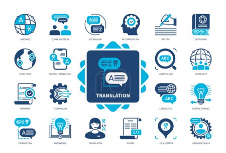 Translation icon set. Language Skills, Localization, Communication, Online Translation, Interpretation, Knowledge, Grammar, Dictionary. Duotone color solid icons