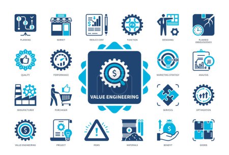 Illustration for Value Engineering icon set. Planned Obsolescence, Performance, Reduce Cost, Materials, Manufacturer, Purchaser, Function, Quality, Optimization. Duotone color solid icons - Royalty Free Image