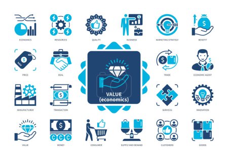 Illustration for Value (Economics) icon set. Manufacturing, Customers, Goods, Marketing Strategy, Service, Quality, Innovation, Consumer. Duotone color solid icons - Royalty Free Image
