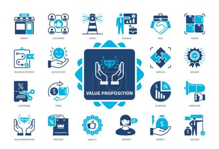 Value Proposition Icon gesetzt. Markt, Waren, Dienstleistungen, Kunden, Zufriedenheit, Nutzen, Discount, Kosten, Geschäftsstrategie. Duotonfarbe einfarbige Symbole