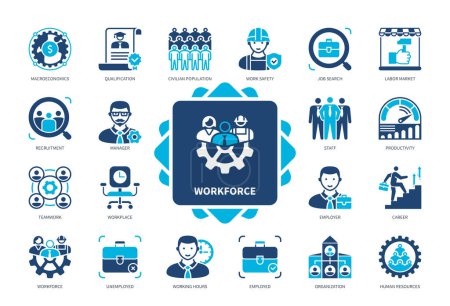 Illustration for Workforce icon set. Human Resources, Qualification, Unemployed, Recruitment, Career, Management, Job Search, Labor Market. Duotone color solid icons - Royalty Free Image