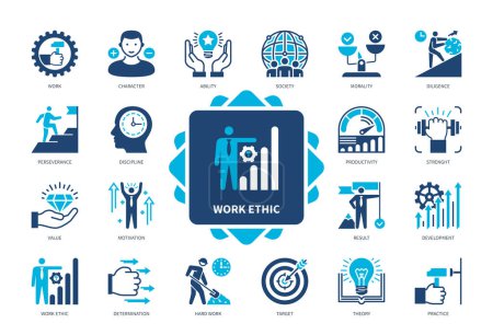 Ilustración de Conjunto de iconos de ética de trabajo. Trabajo, productividad, determinación, diligencia, perseverancia, moralidad, disciplina, fuerza. Iconos sólidos de color duotono - Imagen libre de derechos