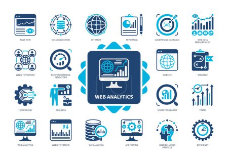 Illustration for Web Analytics icon set. Technology, Efficiency, Web Traffic Measurement, Reporting, Trend, Page View, Market Research, Data Collection. Duotone color solid icons - Royalty Free Image