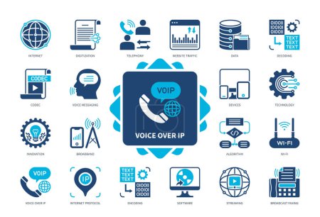 Illustration for Voice over IP VOIP icon set. Devices, Codec, Streaming, Broadband, Voice Messaging, Internet Telephony, Website Traffic, Software. Duotone color solid icons - Royalty Free Image