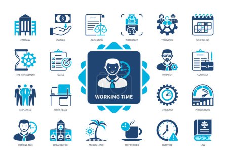 Illustration for Working Time icon set. Paid labor, Scheduling, Employees, Coffee Time, Time Management, Annual Leave, Legislation, Overtime. Duotone color solid icons - Royalty Free Image