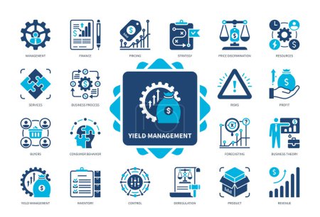 Illustration for Yield Management icon set. Resources, Prising Strategy, Business Theory, Behaviour, Product, Buyers, Finance, Price Discrimination, Revenue. Duotone color solid icons - Royalty Free Image