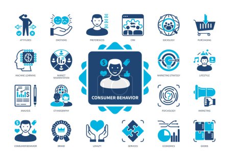 Illustration for Consumer Behavior icon set. Attitudes, Sociology, Brand, Loyalty, Idea, Machine Learning, Emotions, Lifestyle. Duotone color solid icons - Royalty Free Image