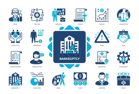 Illustration for Bankruptcy icon set. Restructuring, Borrower, Debt, Creditor, Idea, Jurisdiction, Social Help, Economics. Duotone color solid icons - Royalty Free Image