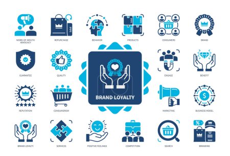 Brand Loyalty icon set. Repurchase, Consumers, Positive Feelings, Branding, Engage, Reputation, Competition, Advocacy. Duotone color solid icons