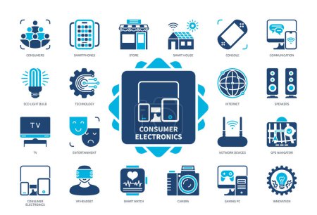 Illustration for Consumer Electronics icon set. Smartphones, GPS Navigator, Technology, Camera, Innovation, Smart Watch, Entertainment, Smart House. Duotone color solid icons - Royalty Free Image