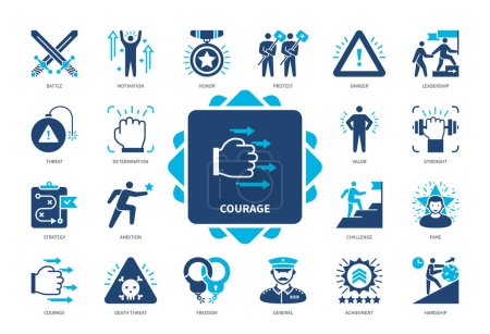 Illustration for Courage icon set. Motivation, Ambition, Leadership, General, Battle, Death Treat, Challenge, Honor. Duotone color solid icons - Royalty Free Image