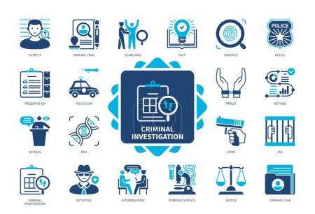 Criminal Investigation icon set. Suspect, Detective, Witness, Interrogation, Forensic Science, Justice, Criminal Case, Searching. Duotone color solid icons