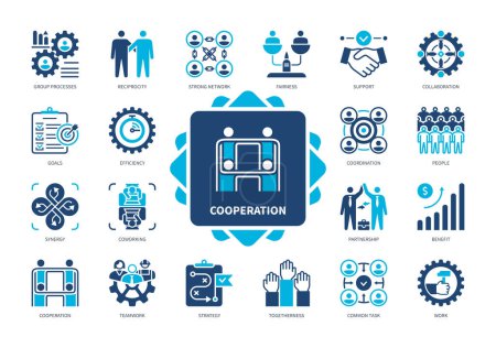 Illustration for Cooperation icon set. Group Processes, Reciprocity, Fairness, Collaboration, Partnership, Synergy, Goals, Benefit. Duotone color solid icons - Royalty Free Image