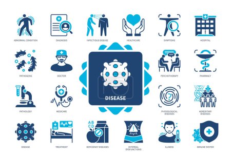 Disease icon set. Pathogens, Diagnosis, Illness, Treatment, Pathology, Abnormal Condition, Symptoms, Hospital. Duotone color solid icons
