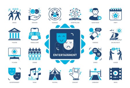 Ilustración de Set de iconos de entretenimiento. Danza, Música, Cuentacuentos, Karaoke, Teatro, Película, Concierto, Juego Móvil. Iconos sólidos de color duotono - Imagen libre de derechos