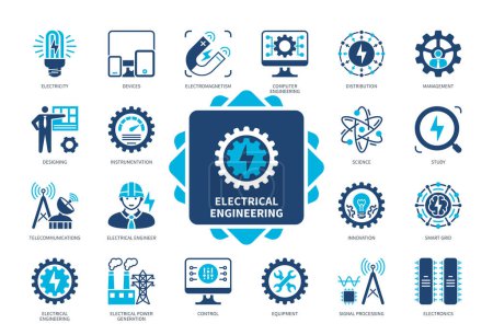 Illustration for Electrical Engineering icon set. Electricity, Electromagnetism, Instrumentation, Design, Study, Electronics, Telecommunications, Science. Duotone color solid icons - Royalty Free Image