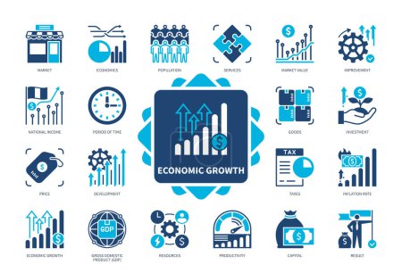 Illustration for Economic Growth icon set. National Income, Productivity, Development, Market Value, Taxes, Price, Economics, Capital. Duotone color solid icons - Royalty Free Image