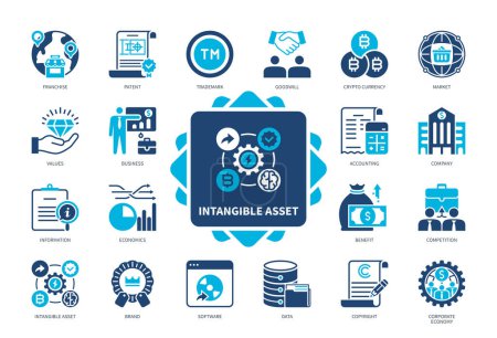 Intangible Asset icon set. Franchise, Patent, Trademark, Crypto Currency, Copyright, Software, Benefit, Data. Duotone color solid icons