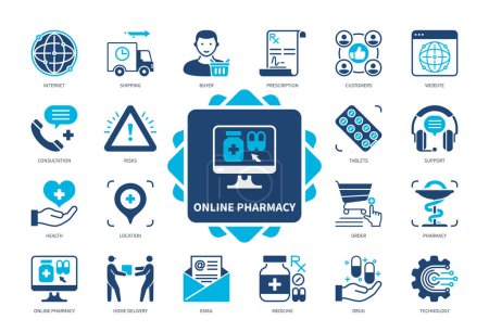 Illustration for Online Pharmacy icon set. Pharmacy, Order, Home Delivery, Website, Consultation, Medicine, Shipping, Drug. Duotone color solid icons - Royalty Free Image