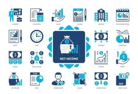 Netto-Einkommen-Symbol gesetzt. Unternehmen, Steuern, Geld, Finanzen, Aktionäre, Bruttoeinkommen, Abschreibungen. Duotonfarbe einfarbige Symbole