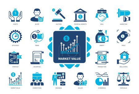 Market Value icon set. Assets, Marketing, Profit, Securities, Trade, Financial Markets, Transaction, Real Estate. Duotone color solid icons