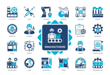 Illustration for Manufacturing icon set. Enterprises, Machinery, Industry, Engineer, Productivity, Raw Materials, Mass Production, Worker. Duotone color solid icons - Royalty Free Image