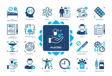 Ilustración de Set de iconos de Placebo. Efecto placebo, ensayos clínicos, paciente, tabletas inertes, cirugía de la estafa, eficacia, participantes, enfermedad. Iconos sólidos de color duotono - Imagen libre de derechos