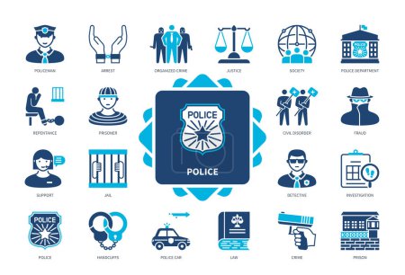 Illustration for Police icon set. Arrest, Crime, Justice, Police Car, Detective, Handcuffs, Civil Disorder, Society. Duotone color solid icons - Royalty Free Image