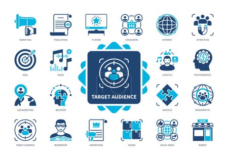 Illustration for Target Audience icon set. Marketing, Attraction, Music, Goal, Lifestyle, Social Media, Psychographic, Demographic. Duotone color solid icons - Royalty Free Image