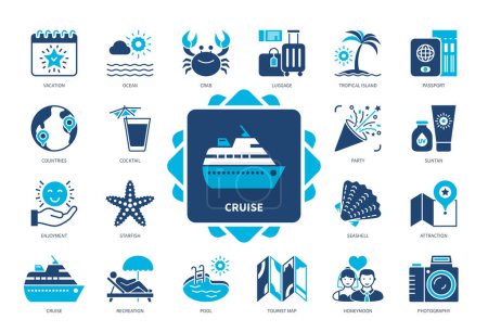 Illustration for Cruise icon set. Vacation, Pool, Recreation, Enjoyment, Photography, Attraction, Party, Ocean. Duotone color solid icons - Royalty Free Image