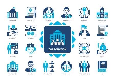 Corporation icon set. Government, Organisation, Investment, Limited Liability, Profit, Administration, Shareholder, Law. Duotone color solid icons
