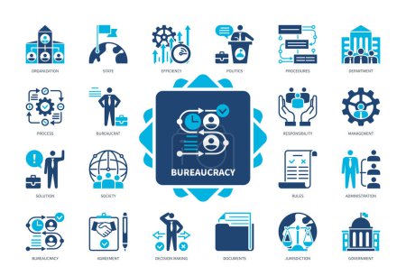 Illustration for Bureaucracy icon set. Organization, Procedures, Department, Jurisdiction, Government, Administration, Society, Management. Duotone color solid icons - Royalty Free Image