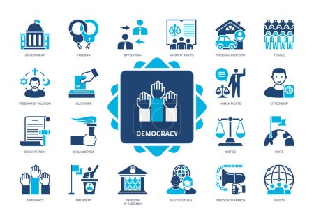 Illustration for Democracy icon set. Freedom, Constitution, Minority Rights, Elections, Justice, President, Civil Liberties, Opposition. Duotone color solid icons - Royalty Free Image