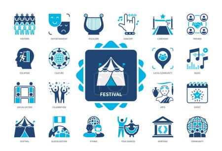 Festival icon set. Glocalization, Culture, Folk Dances, Socialization, Celebration, Community, Escapism, Concert. Duotone color solid icons