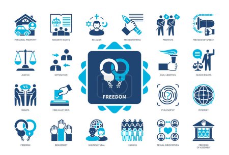 Freedom icon set. Opposition, Democracy, Internet, Freedom Press, Multicultural, Justice, Protests, Minority Rights. Duotone color solid icons