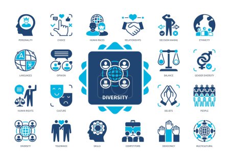 Diversity icon set. Personality, Ethnicity, Opinion, Gender Diversity, Multicultural, Languages, Human Races, Skills. Duotone color solid icons