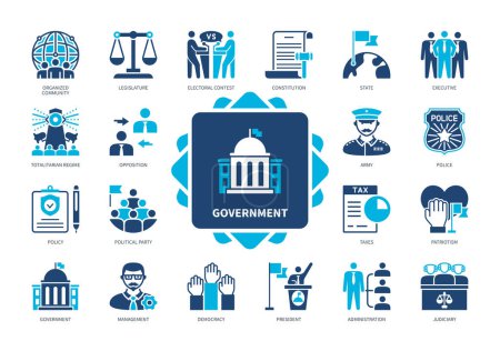 Illustration for Government icon set. State, Constitution, President, Political Party, Taxes, Administration, Legislature, Community. Duotone color solid icons - Royalty Free Image