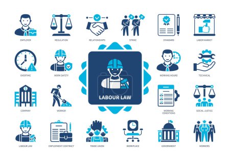 Illustration for Labour Law icon set. Relationship, Regulation, Work Safety, Trade Union, Social Justice, Workers, Government, Strike. Duotone color solid icons - Royalty Free Image