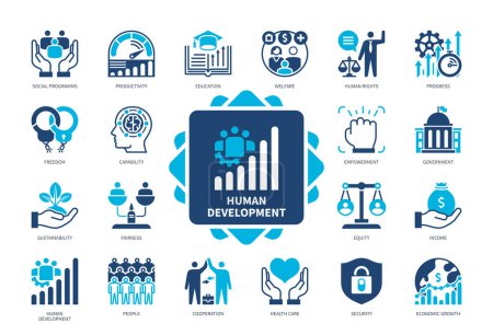 Illustration for Human Development icon set. Productivity, Government, Progress, Social Programs, Capability, Fairness, Welfare, Education. Duotone color solid icons - Royalty Free Image