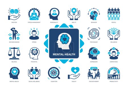 Illustration for Mental Health icon set. Personality, Ability, Wellbeing, Cognition, Depression, Competence, Stress Management, Productivity. Duotone color solid icons - Royalty Free Image