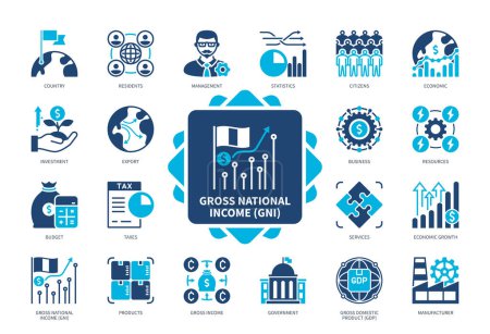 Illustration for Gross National Income GNI icon set. Investment, Citizens, Export, Economic Growth, Government, Resources, Budget, Residents. Duotone color solid icons - Royalty Free Image