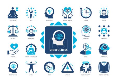 Illustration for Mindfulness icon set. Meditation, Cognitive, Stress Management, Psychotherapy, Anxiety, Awareness, Mental Health, Therapy. Duotone color solid icons - Royalty Free Image