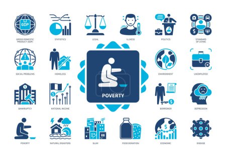 Illustration for Poverty icon set. Legal, Politics, Depression, Environment, Natural Disaster, Borrower, Slum, Homeless. Duotone color solid icons - Royalty Free Image