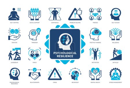 Illustration for Psychological Resilience icon set. Confidence, Friends, Wellbeing, Paradigm, Behaviour, Motivation, Social Support, Self Control. Duotone color solid icons - Royalty Free Image