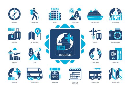 Illustration for Tourism icon set. Hotel, Cruise Liner, Tourist Bus, Airport, Countries, Passport, Backpack, Travel. Duotone color solid icons - Royalty Free Image