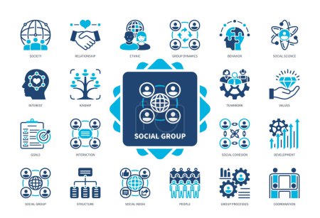 Illustration for Social Group icon set. Society, Relationship, Social Cohesion, Structure, Coordination, Values, Behavior, Interaction. Duotone color solid icons - Royalty Free Image
