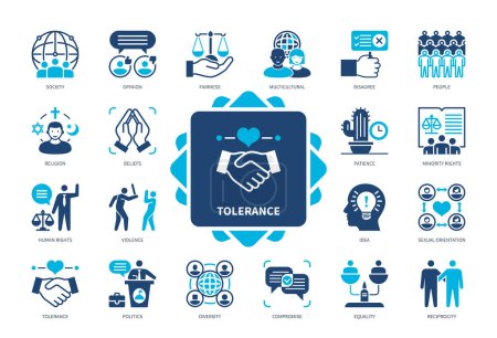 Illustration for Tolerance icon set. Multicultural, Minority Rights, Diversity, Violence, Religion, Reciprocity, Politics, Opinion. Duotone color solid icons - Royalty Free Image